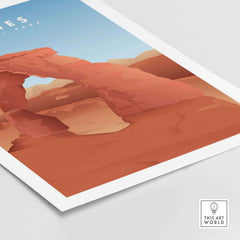 Minimalist Arches National Park art print showcasing iconic rock formations in warm colors.