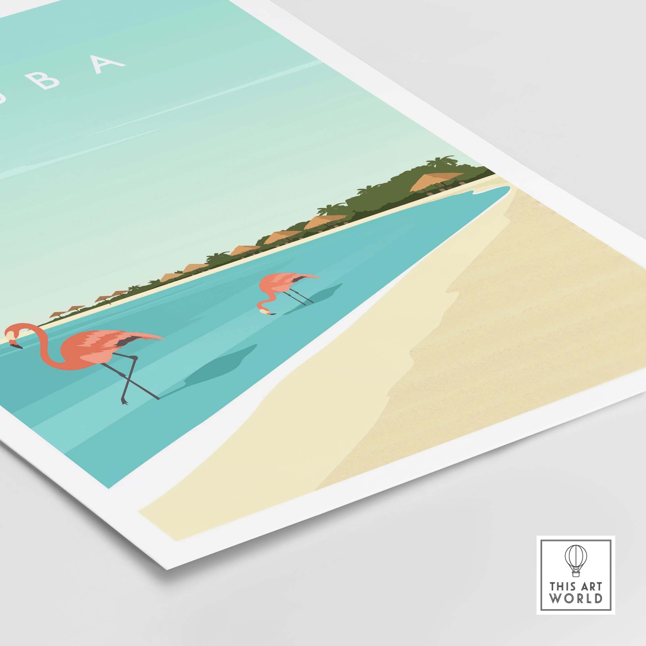Aruba Wall Art Print featuring flamingos, beach, and minimalist design for stylish decor.