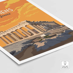 Athens Print Greece Poster showcasing the Parthenon and sunset sky, perfect for travel-inspired wall art.