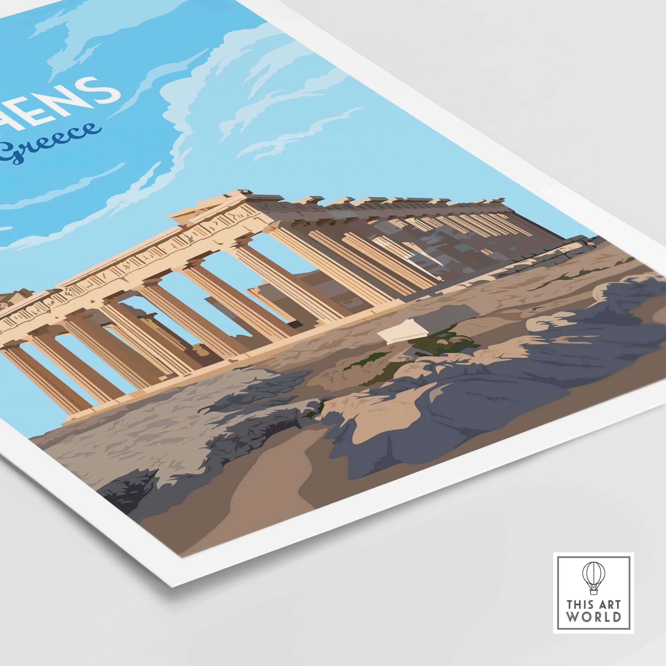 Athens Greece art print featuring the Parthenon against a blue sky, inspired by vintage travel posters.