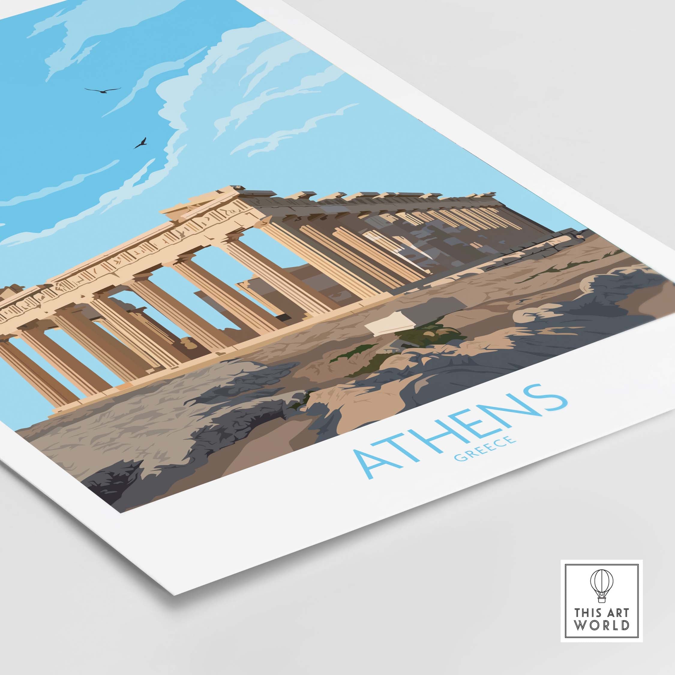 Athens Greece Wall Art Poster featuring the Parthenon with a blue sky background, ideal for travel enthusiasts.