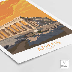 Athens poster featuring the Parthenon in warm colors, ideal for Greece travel decor and vintage-inspired art.