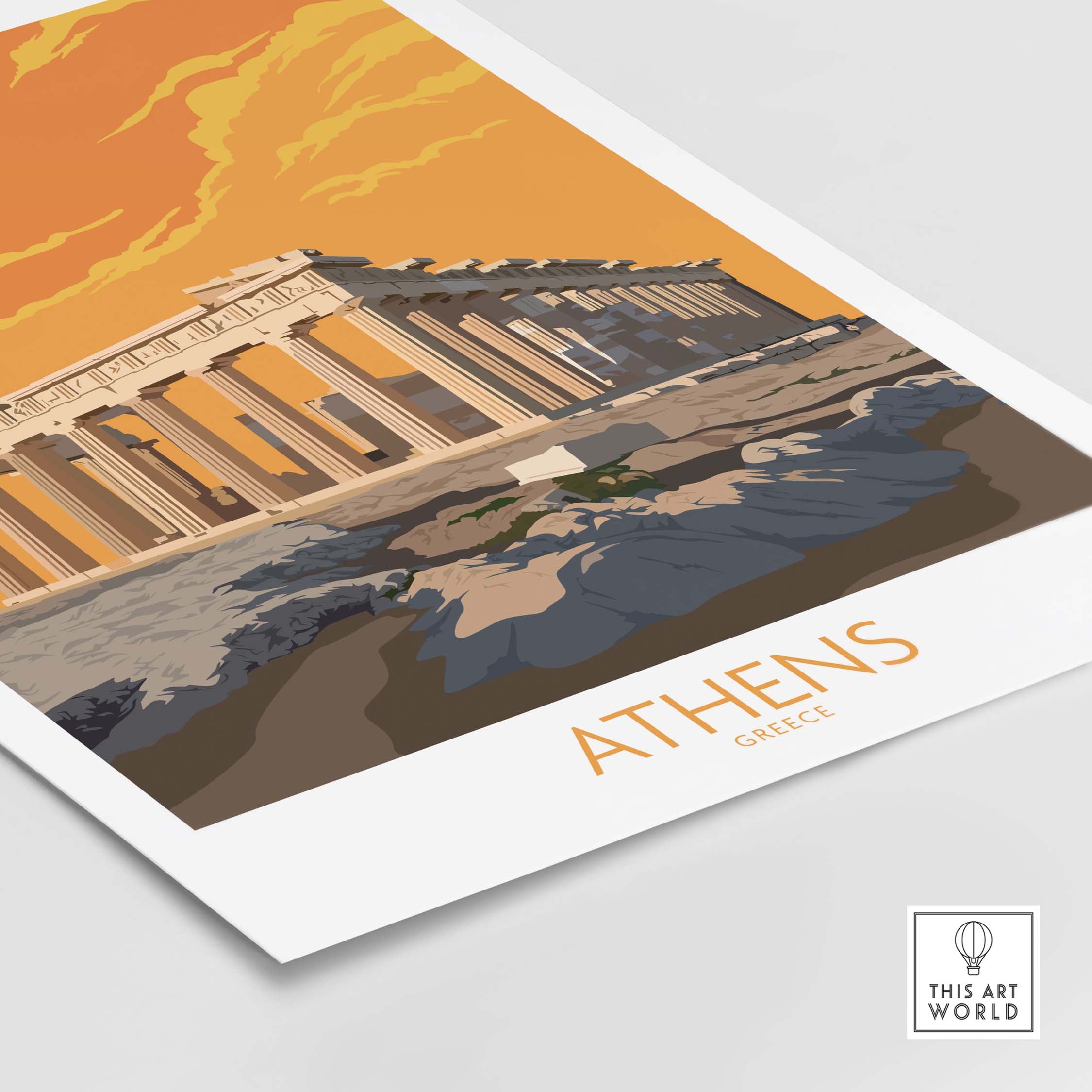 Athens poster featuring the Parthenon in warm colors, ideal for Greece travel decor and vintage-inspired art.