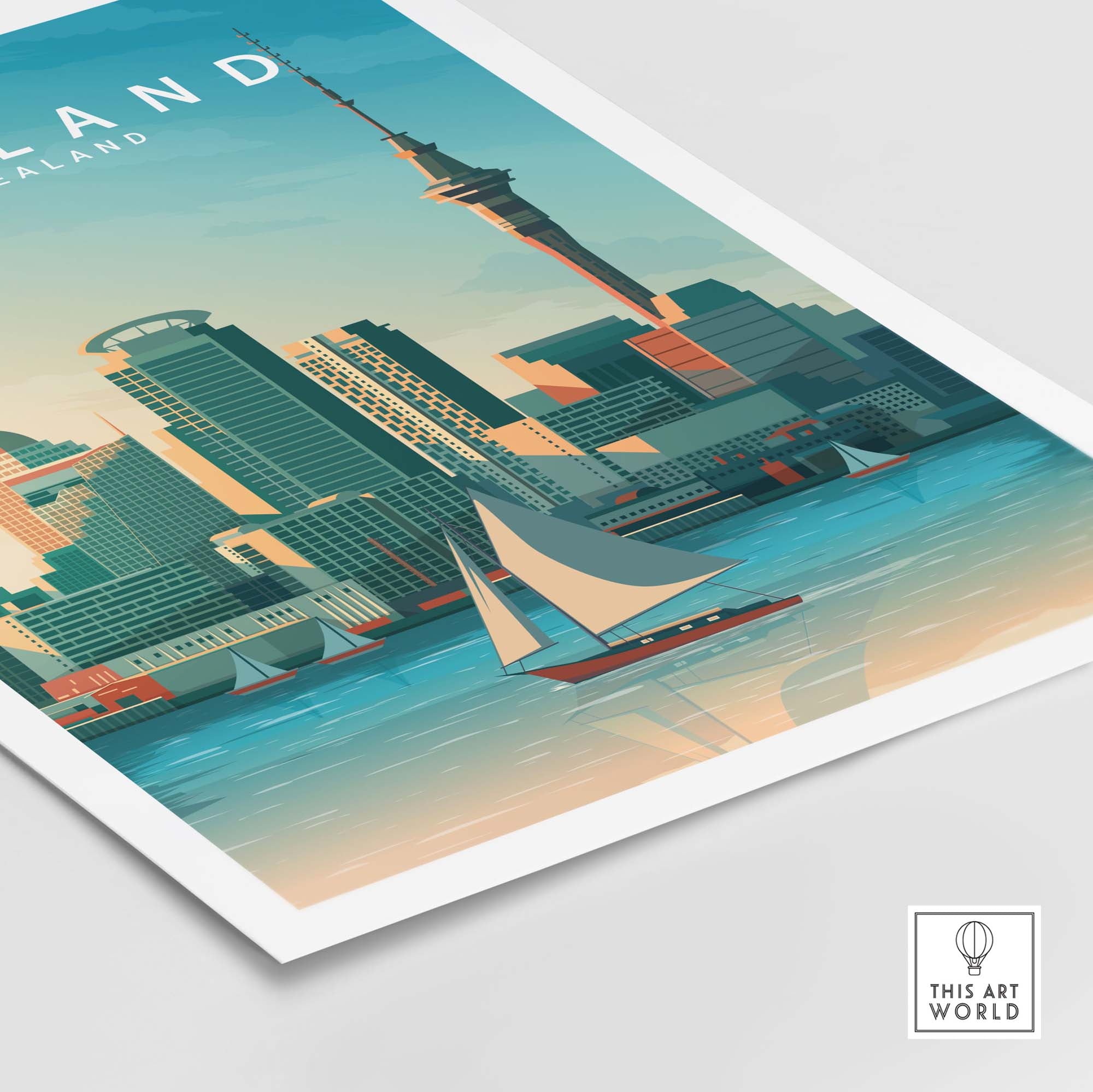 Auckland travel poster print featuring skyline and sailboats in a minimalist vintage style by This Art World.