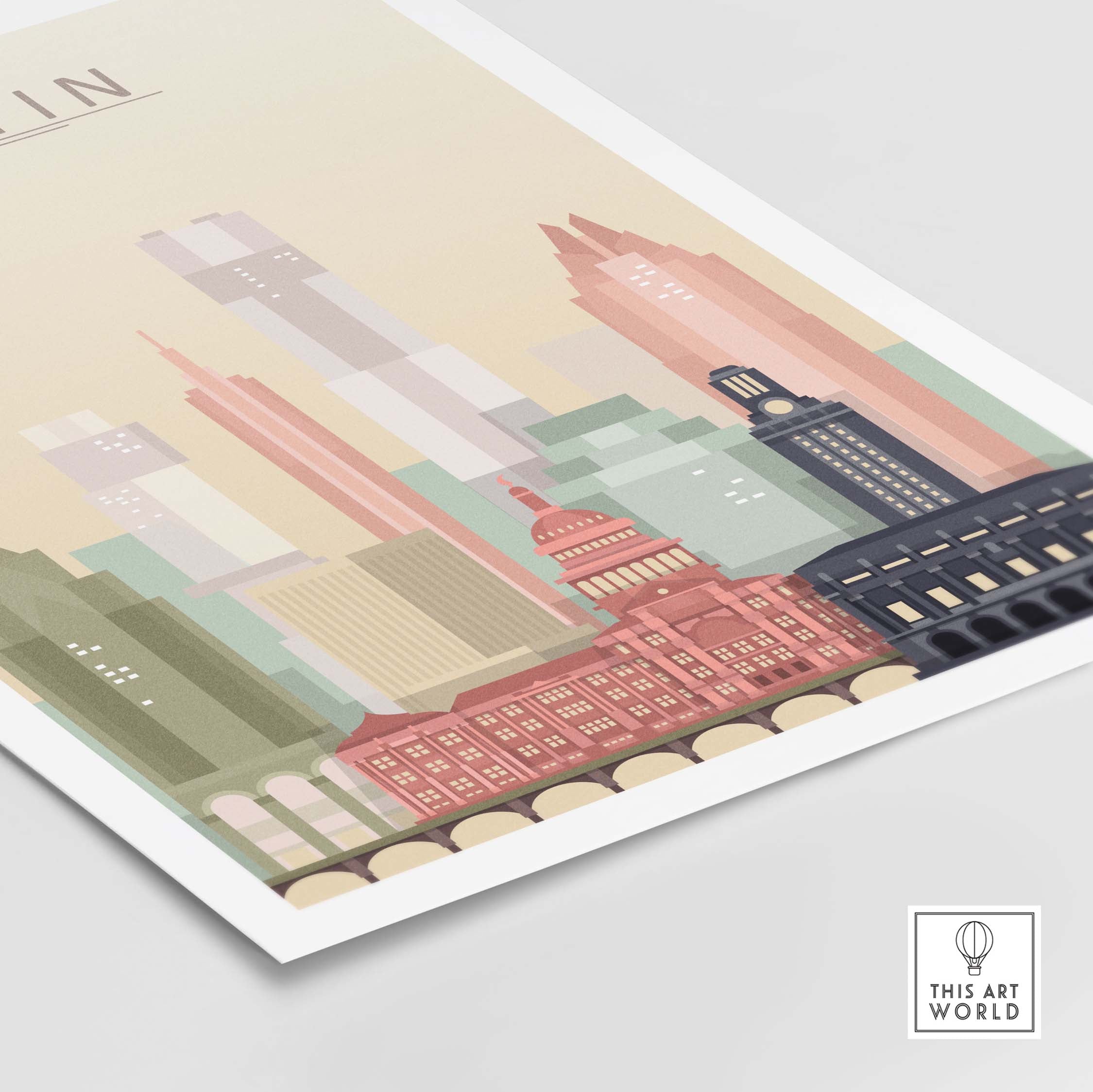 Austin Texas skyline wall art print showcasing pastel architecture and cityscapes designed for elegant home decor.