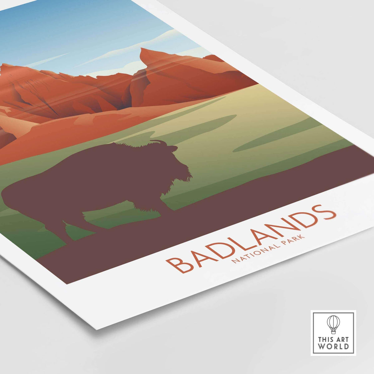 Badlands National Park art print featuring minimalist design and iconic bison silhouette against scenic landscape.