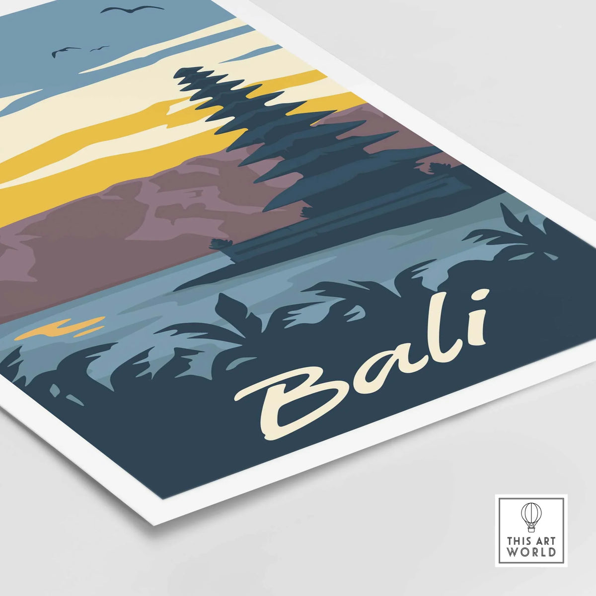 Bali travel poster wall art print showcasing a vibrant landscape with palm trees and sunset hues.