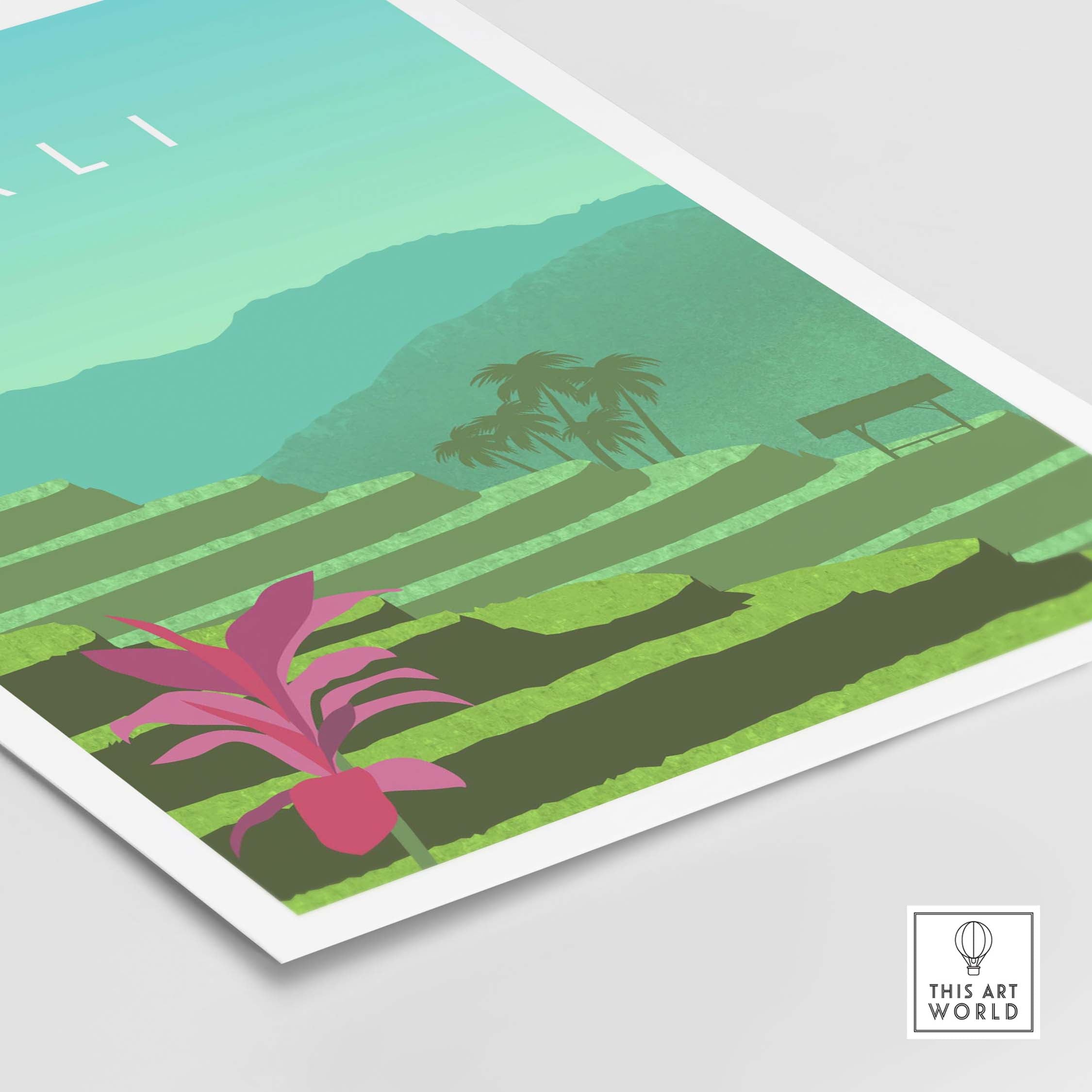 Bali Print Wall Art Poster featuring tropical landscapes and vibrant colors, ideal for home or office decor.