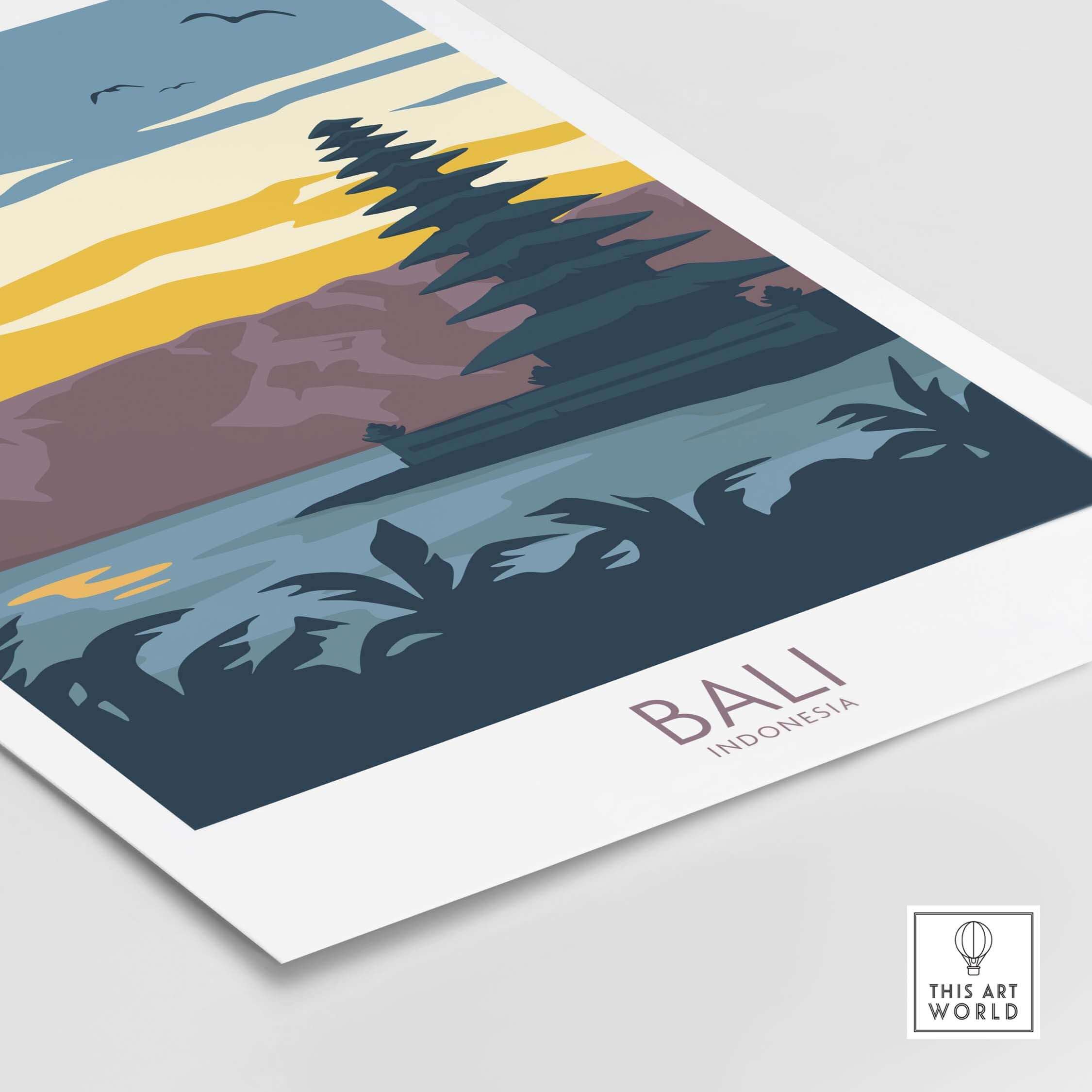 Bali vintage travel poster featuring colorful tropical landscape art inspired by Bali, Indonesia.