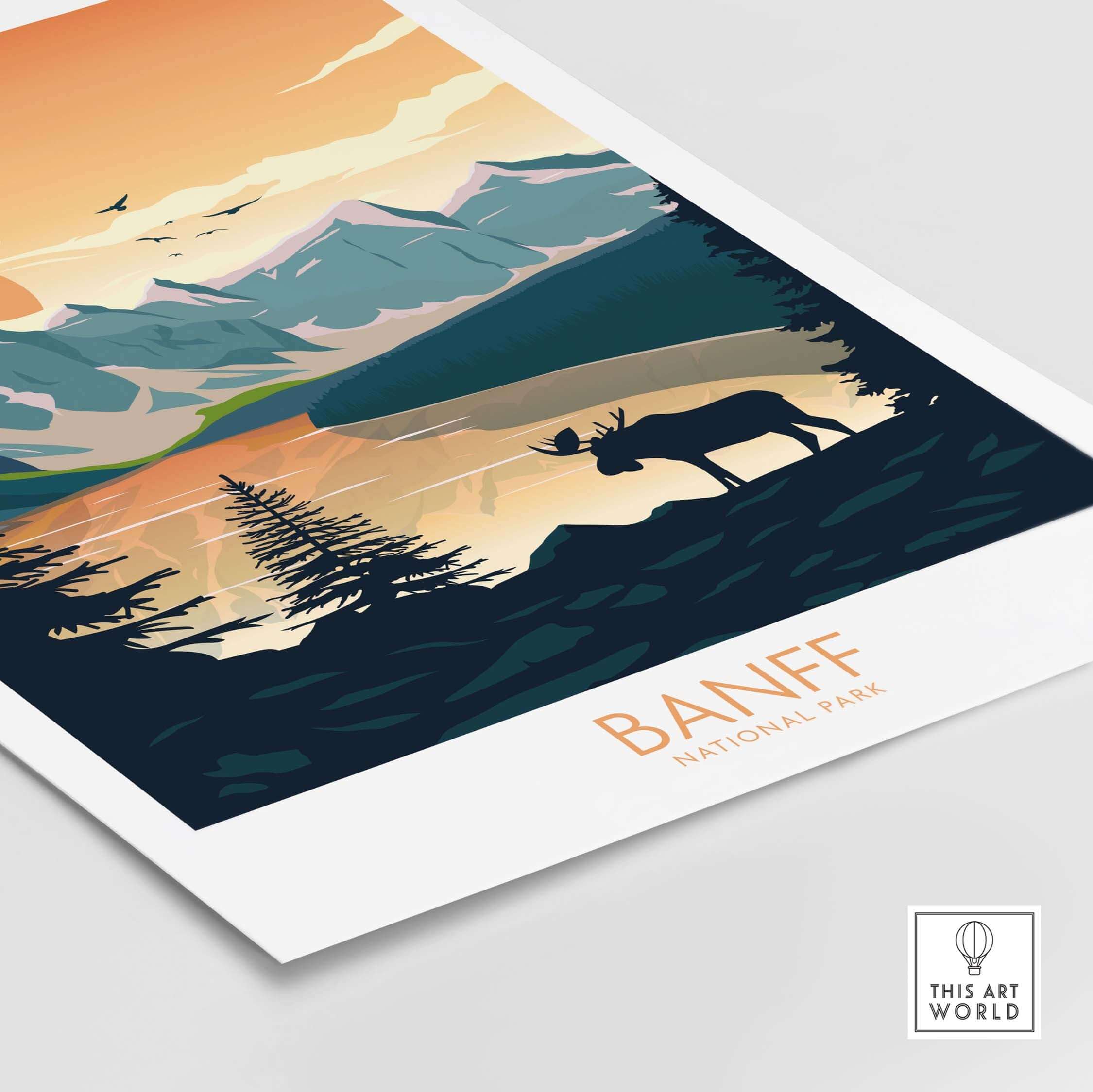 Banff National Park art print showcasing mountainous landscape, moose, and sunset colors, ideal for travel and nature lovers.