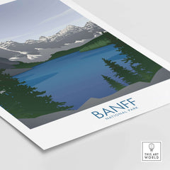 Minimalist Banff National Park art print featuring a serene lake and mountains, perfect for nature lovers.
