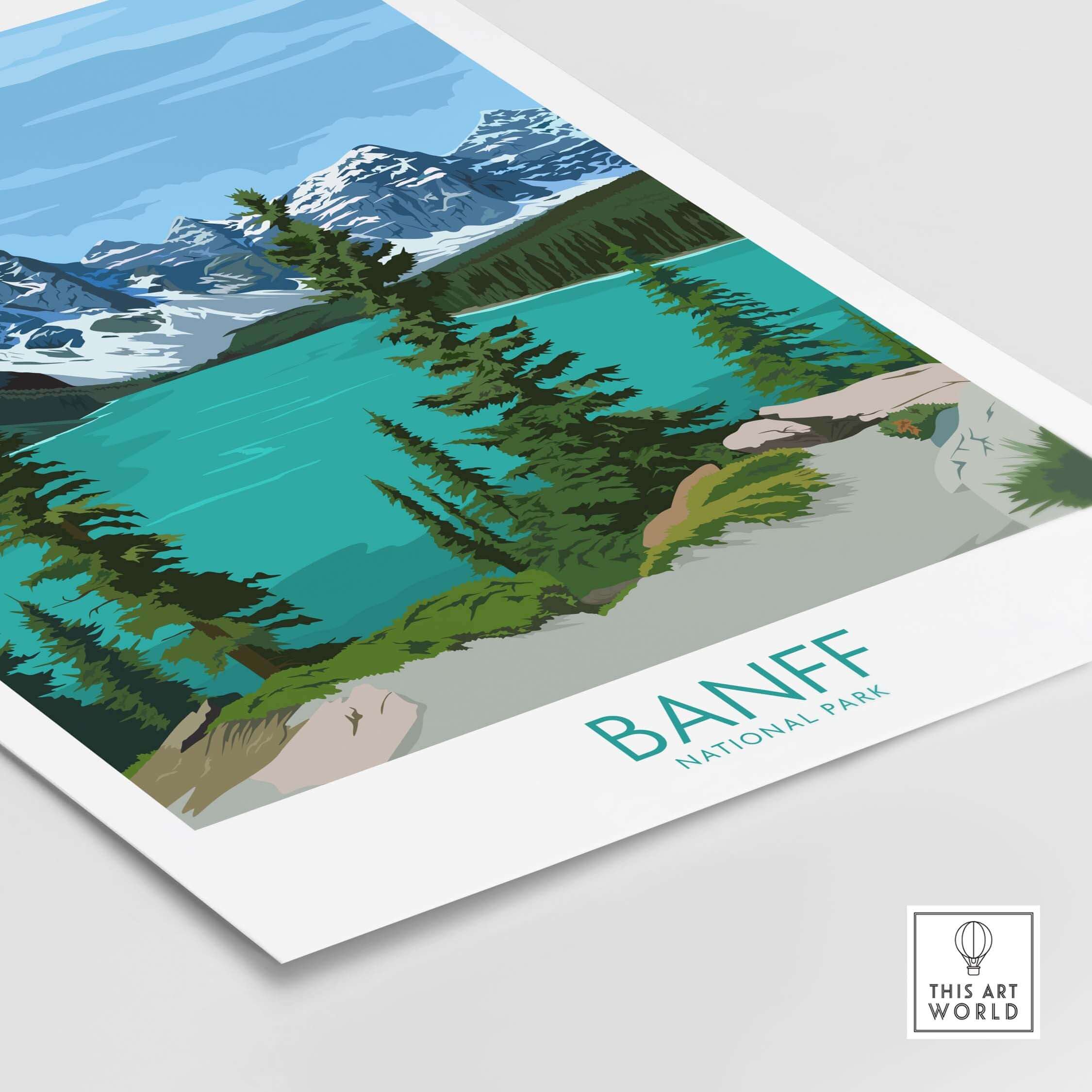 Banff National Park vintage poster print showcasing turquoise waters and mountains, ideal for wall art decor.