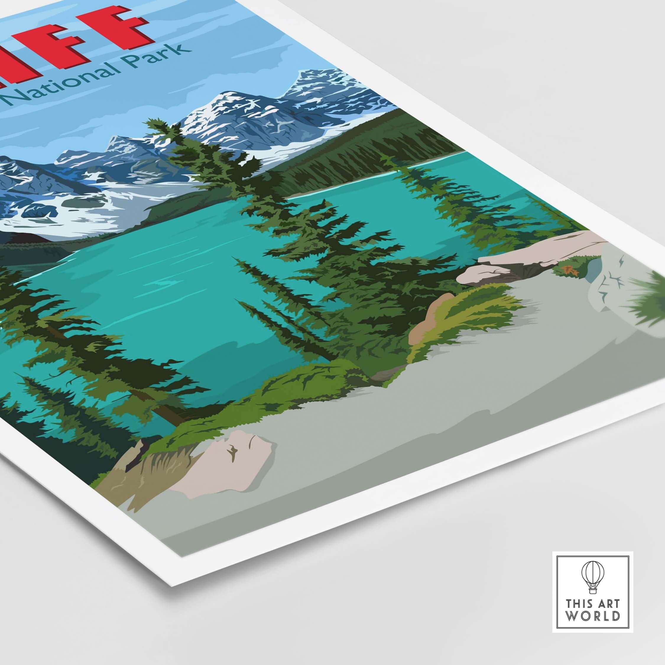 Banff National Park poster print featuring vibrant mountains and serene turquoise lake, perfect for home decor.