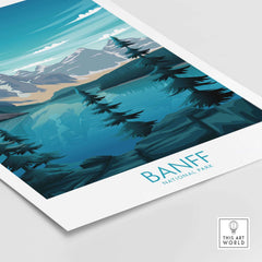 Banff National Park print featuring a minimalist landscape design with mountains and evergreen trees.