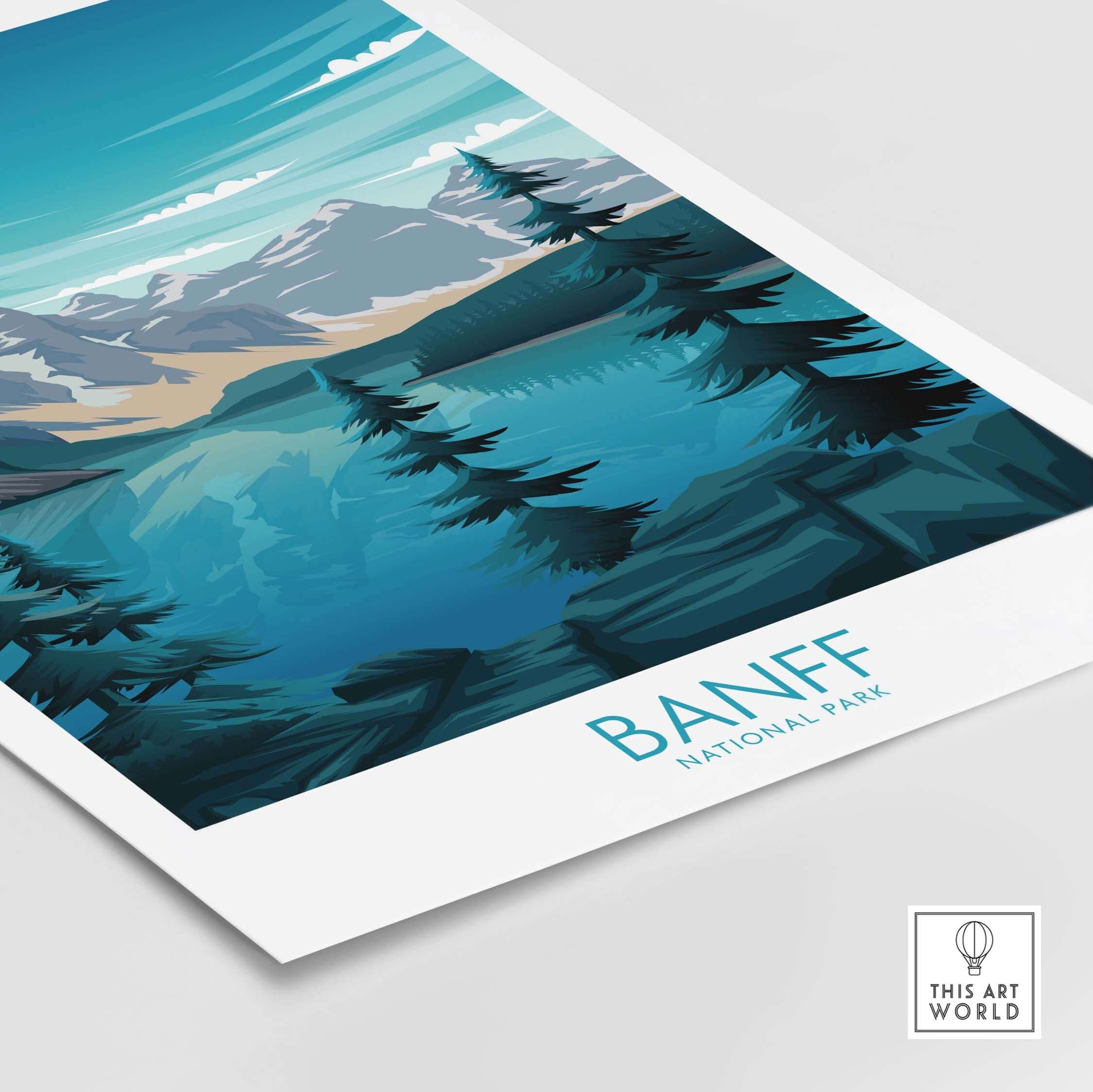 Banff National Park print featuring a minimalist landscape design with mountains and evergreen trees.