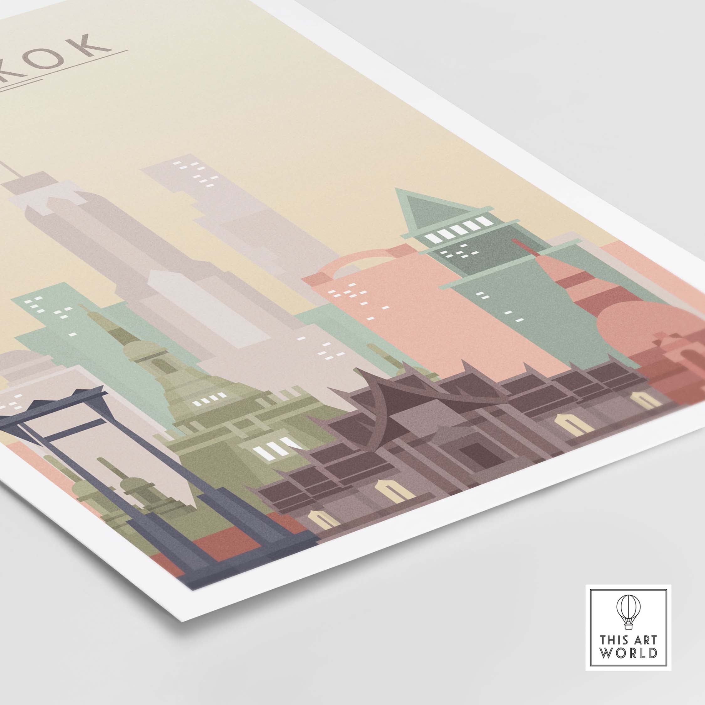 Bangkok Skyline Poster Print featuring iconic architecture in warm pastel colors for stylish wall decor.