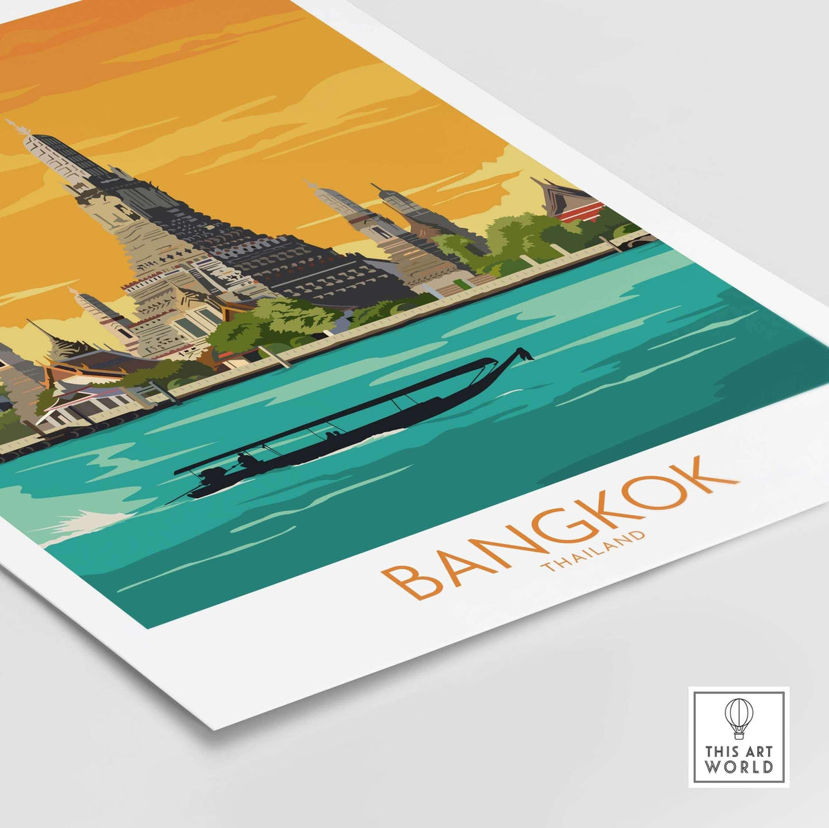 Vintage Bangkok travel poster showcasing iconic landmarks and a serene river scene, perfect for home or office decor.