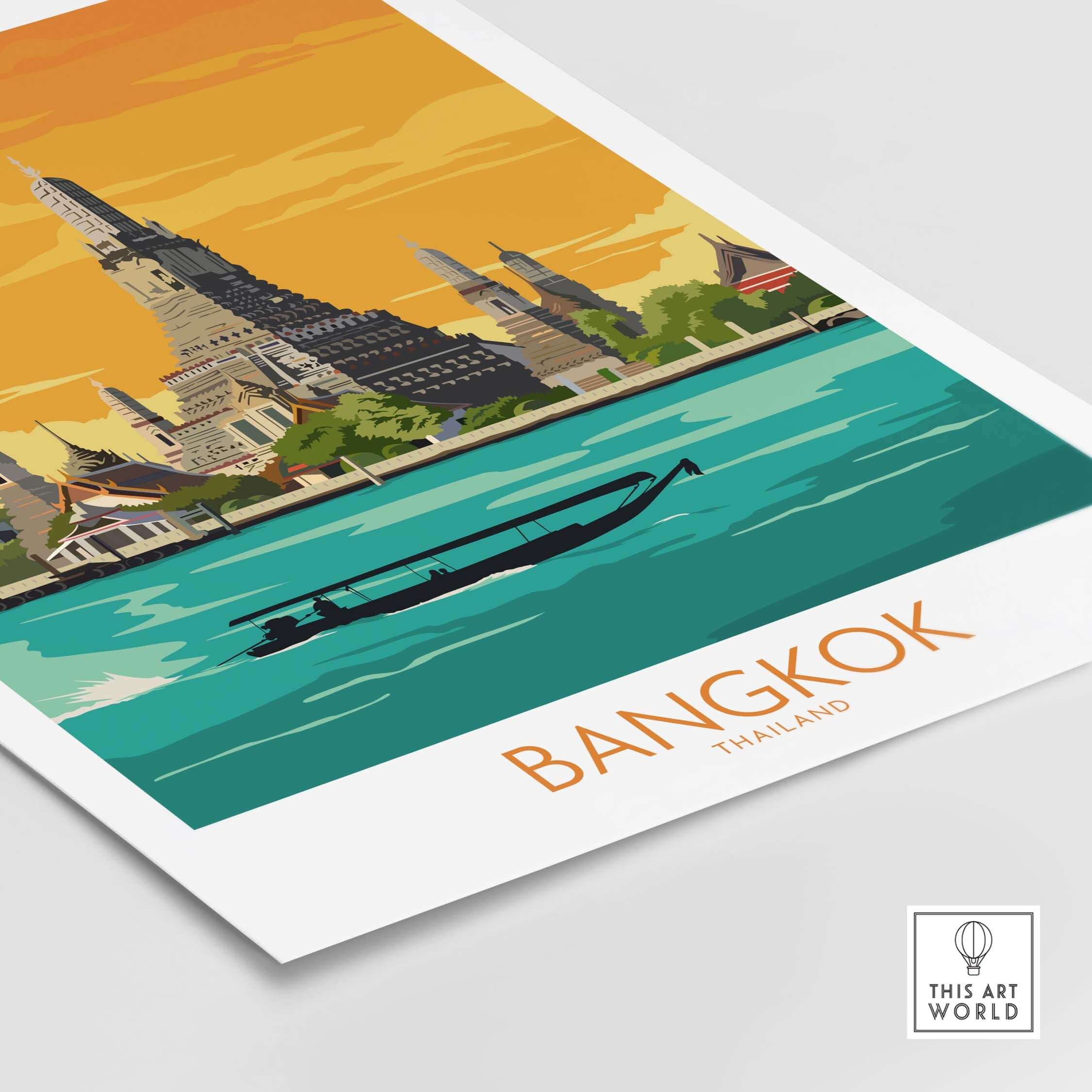 Vintage Bangkok travel poster showcasing iconic landmarks and a serene river scene, perfect for home or office decor.