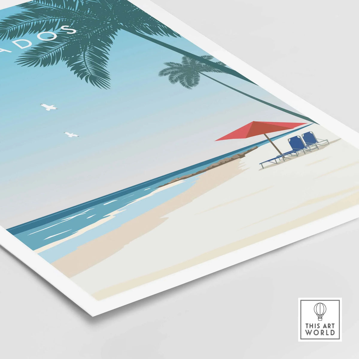 Barbados poster featuring a serene beach scene with palm trees and a red umbrella for Caribbean travel inspiration.