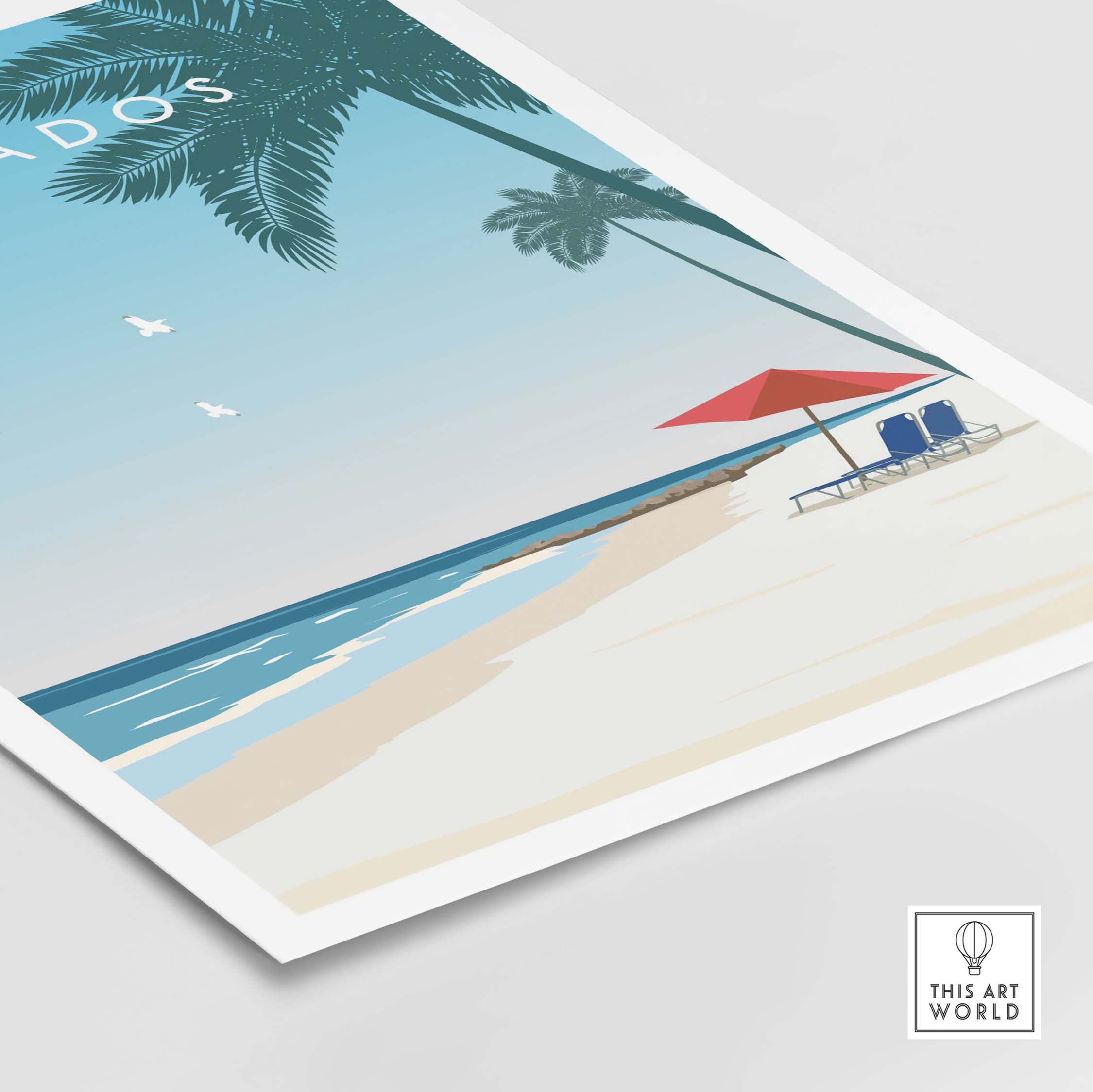 Barbados poster featuring a serene beach scene with palm trees and a red umbrella for Caribbean travel inspiration.