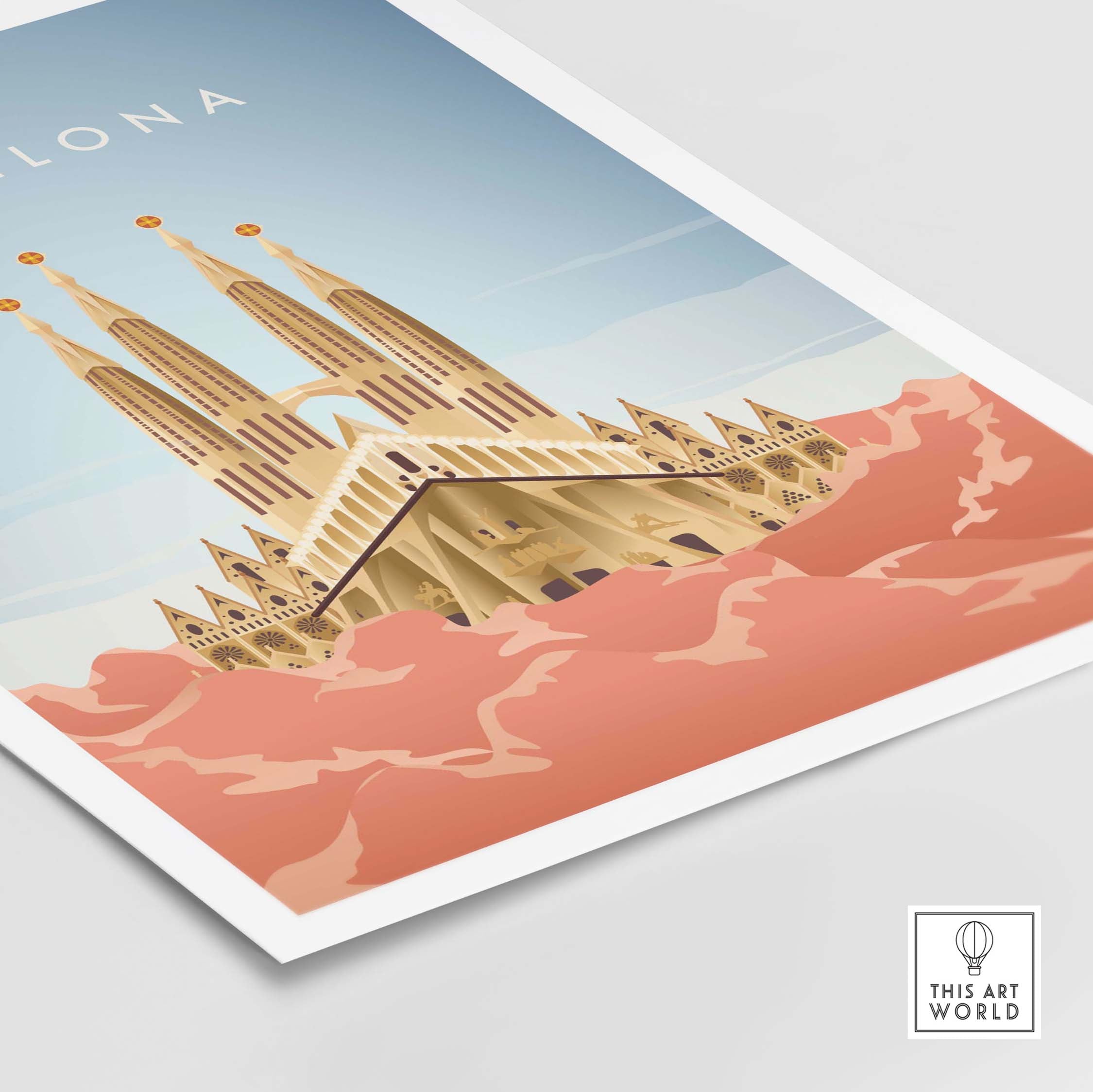 Barcelona wall art poster print featuring Sagrada Familia in a stylish vintage design, perfect for home or office decor.