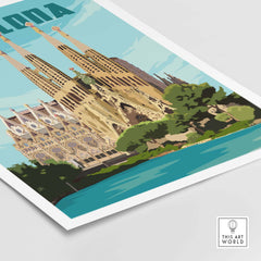 Vintage Barcelona print poster featuring Sagrada Familia with vibrant colors and scenic background. Perfect for stylish wall art.
