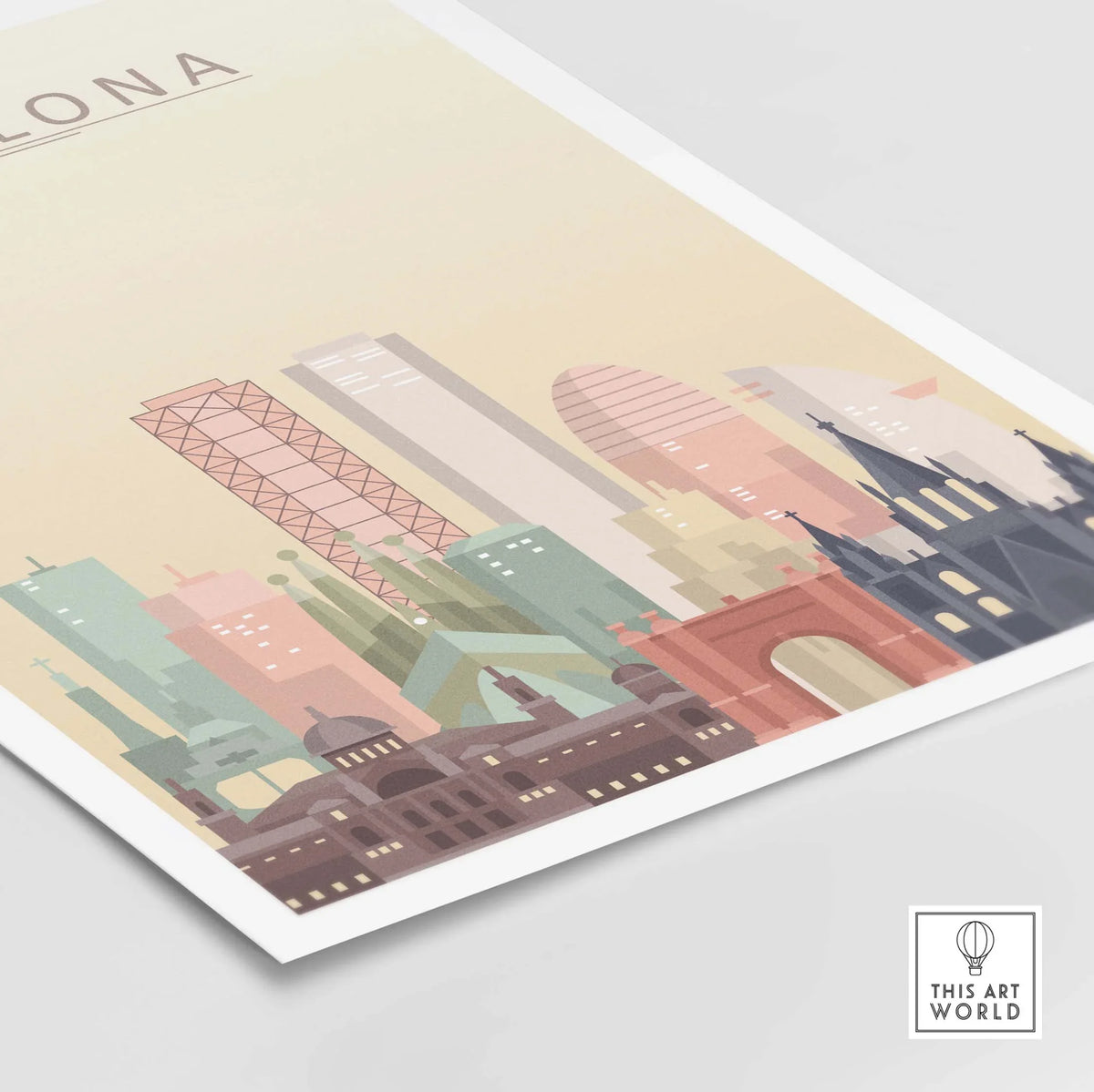 Barcelona skyline print wall art featuring iconic architecture in pastel tones, including Sagrada Família and modern buildings.