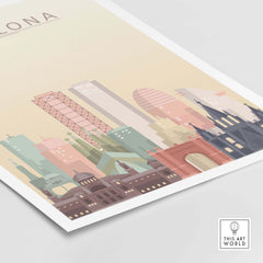 Barcelona skyline print wall art featuring iconic architecture in pastel tones, including Sagrada Família and modern buildings.