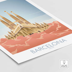 Vintage-inspired Barcelona wall art print featuring Sagrada Familia with stylized colors and typography.