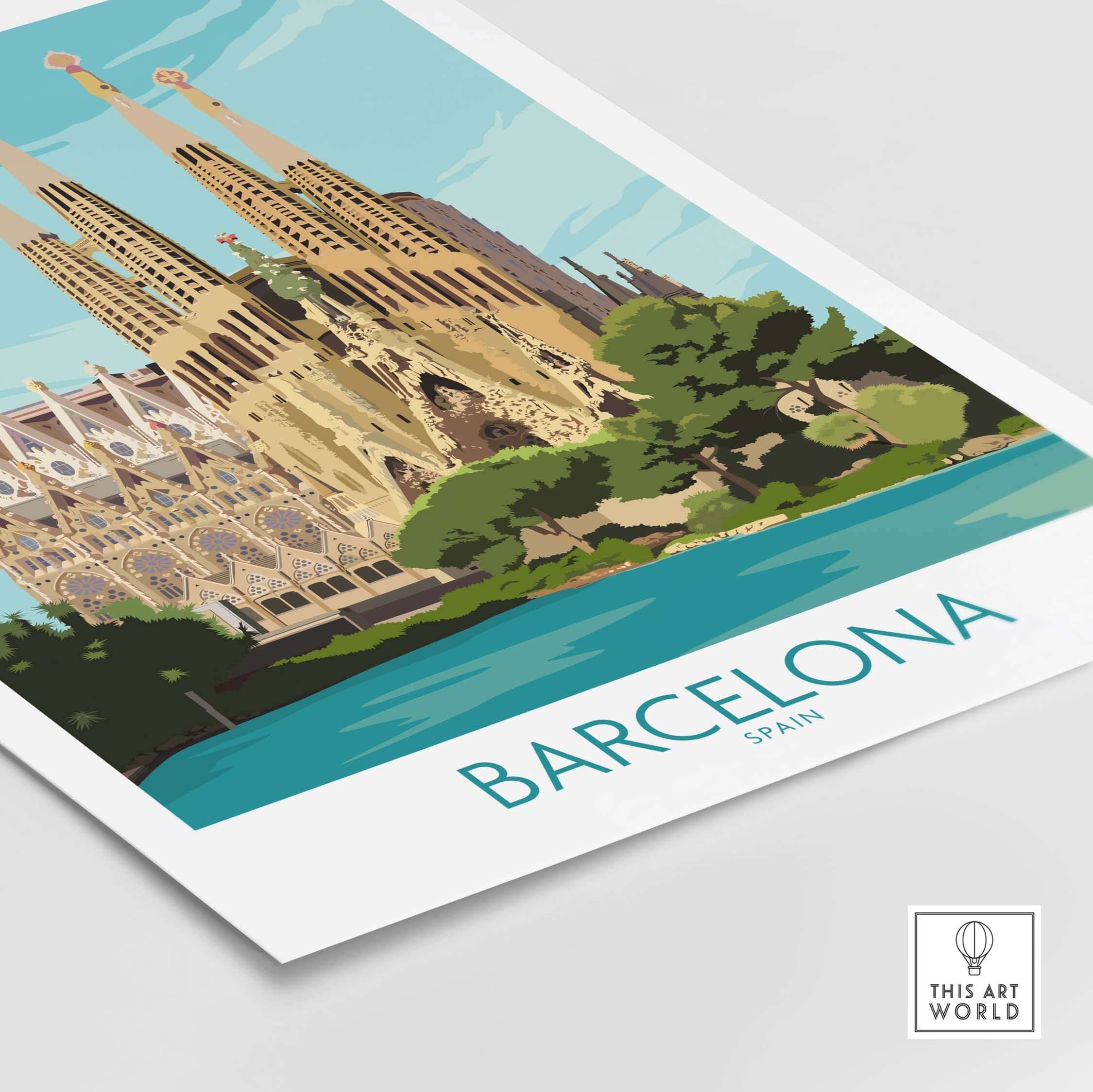 Barcelona poster featuring the iconic Sagrada Familia with vibrant colors, perfect for travel art enthusiasts.