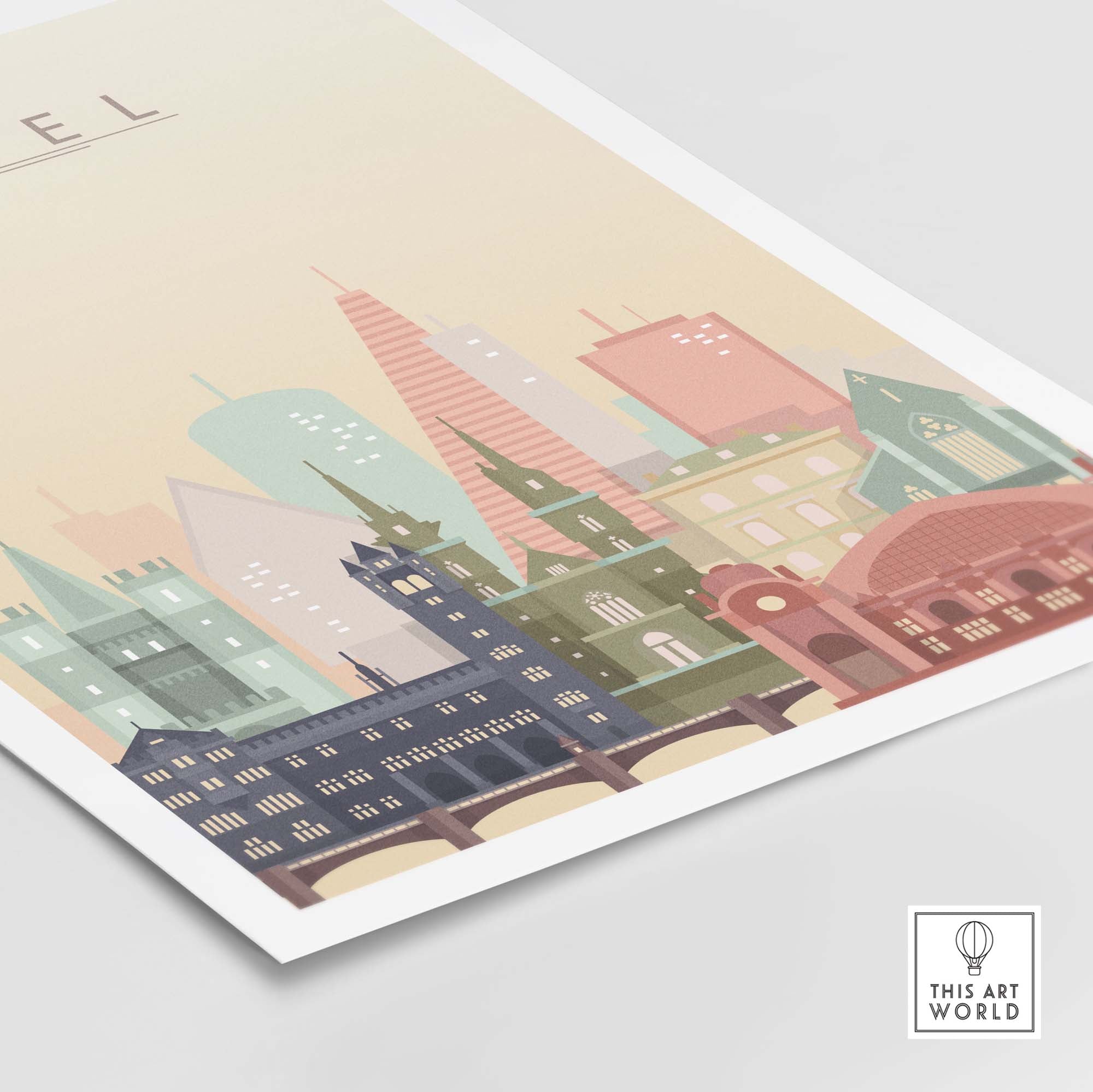 Basel City Skyline Wall Art Print showcasing iconic architecture in warm pastel tones, perfect for home decor.