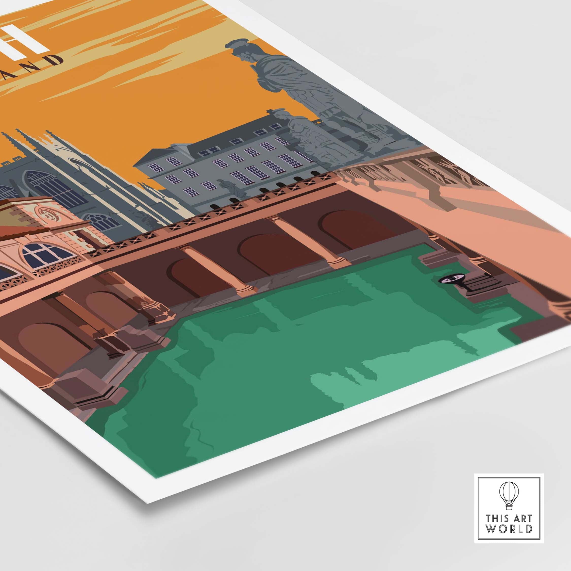 Bath England print wall art featuring vintage architecture and vibrant colors, perfect for home decor.