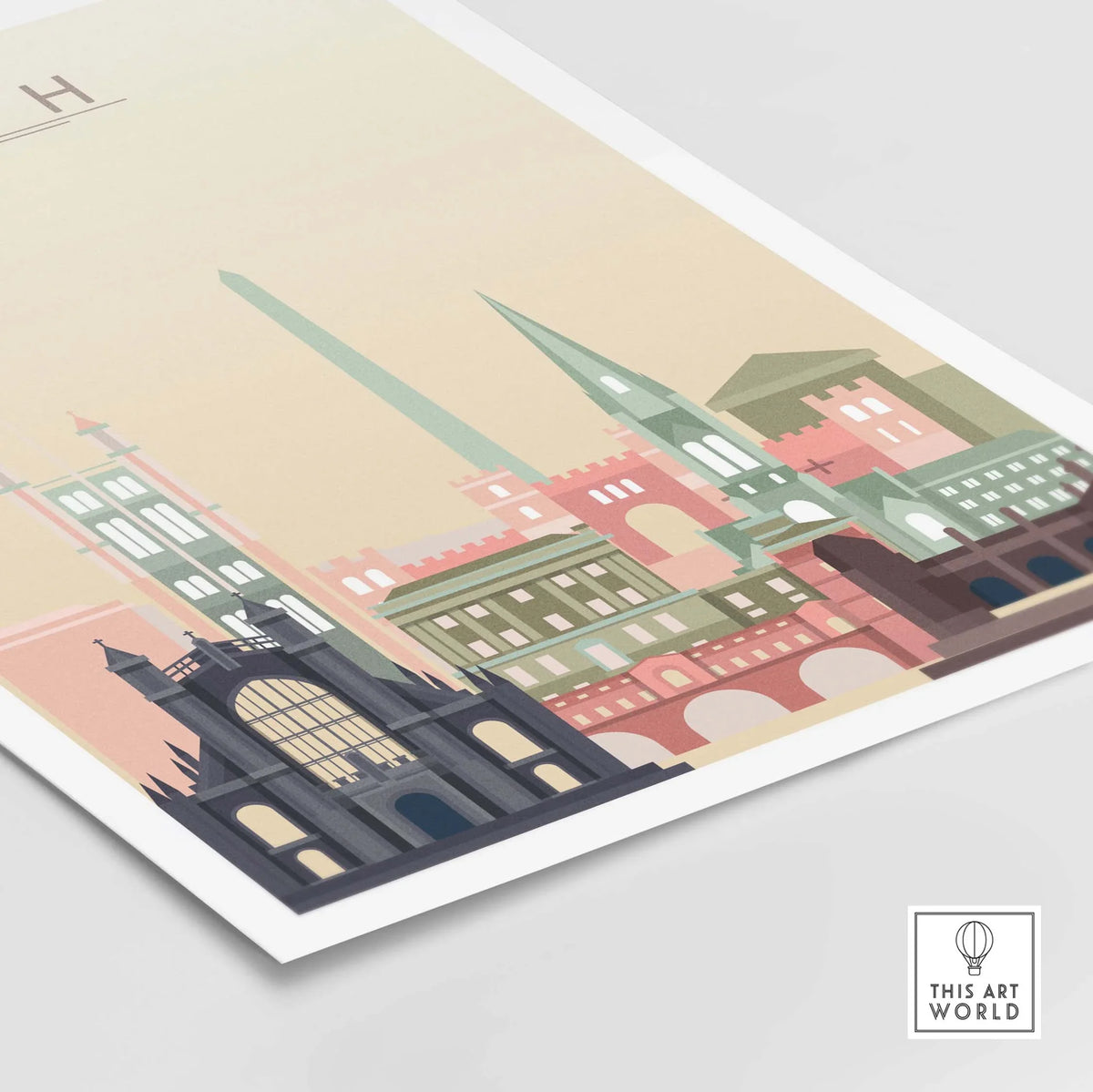 Bath England skyline poster showcasing iconic architecture in warm pastel tones.