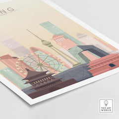 Beijing Skyline Wall Art Print showcasing iconic landmarks in pastel colors, perfect for modern decor.