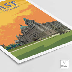 Vintage-inspired Belfast print showcasing iconic architecture with vibrant colors, perfect for home or office decor.