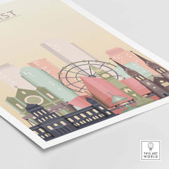 Belfast skyline print featuring iconic architecture in warm pastel tones, perfect for stylish wall art in home or office.
