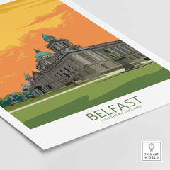 Belfast travel poster featuring iconic architecture and a vibrant sunset, perfect for stylish wall art.