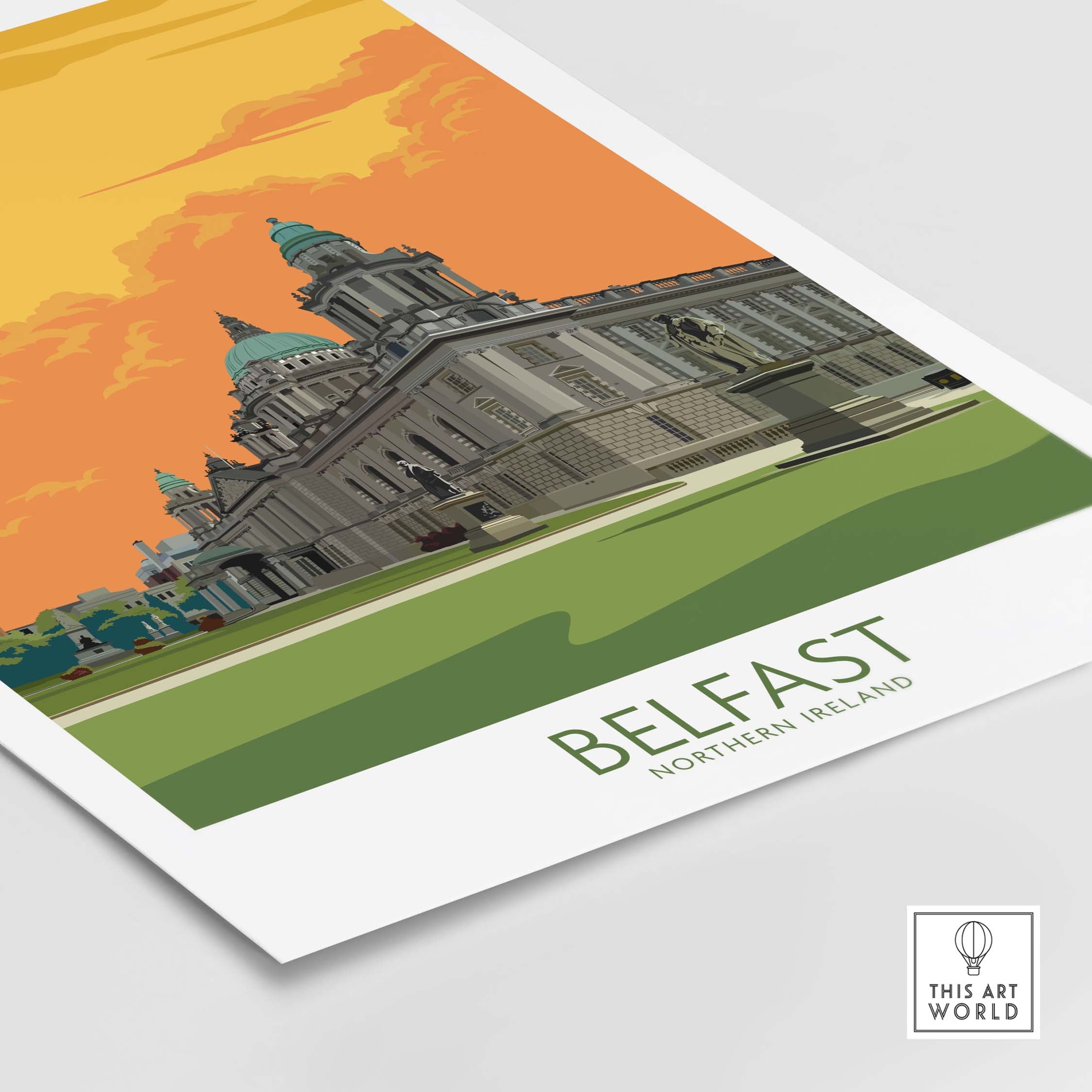 Belfast travel poster featuring iconic architecture and a vibrant sunset, perfect for stylish wall art.