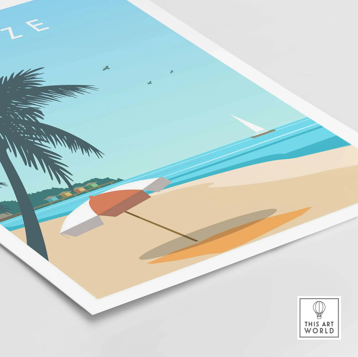 Belize Print featuring a serene beach scene with palm trees and a beach umbrella, evoking travel nostalgia.