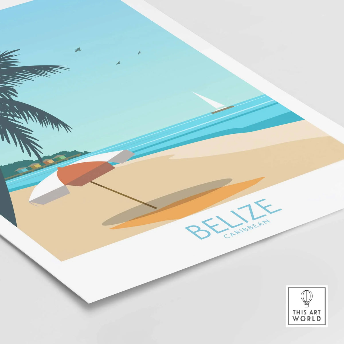 Belize travel poster featuring a serene beach scene with an umbrella and palm trees, showcasing Caribbean vibes.