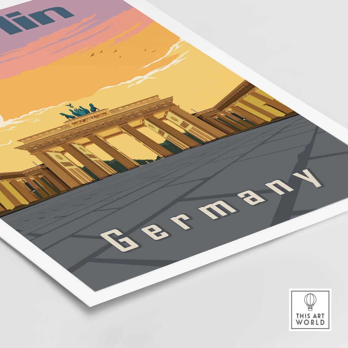 Berlin Poster featuring iconic Brandenburg Gate, showcasing vintage style German travel art.
