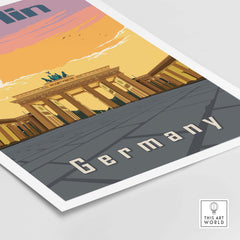 Berlin Poster featuring iconic Brandenburg Gate, showcasing vintage style German travel art.
