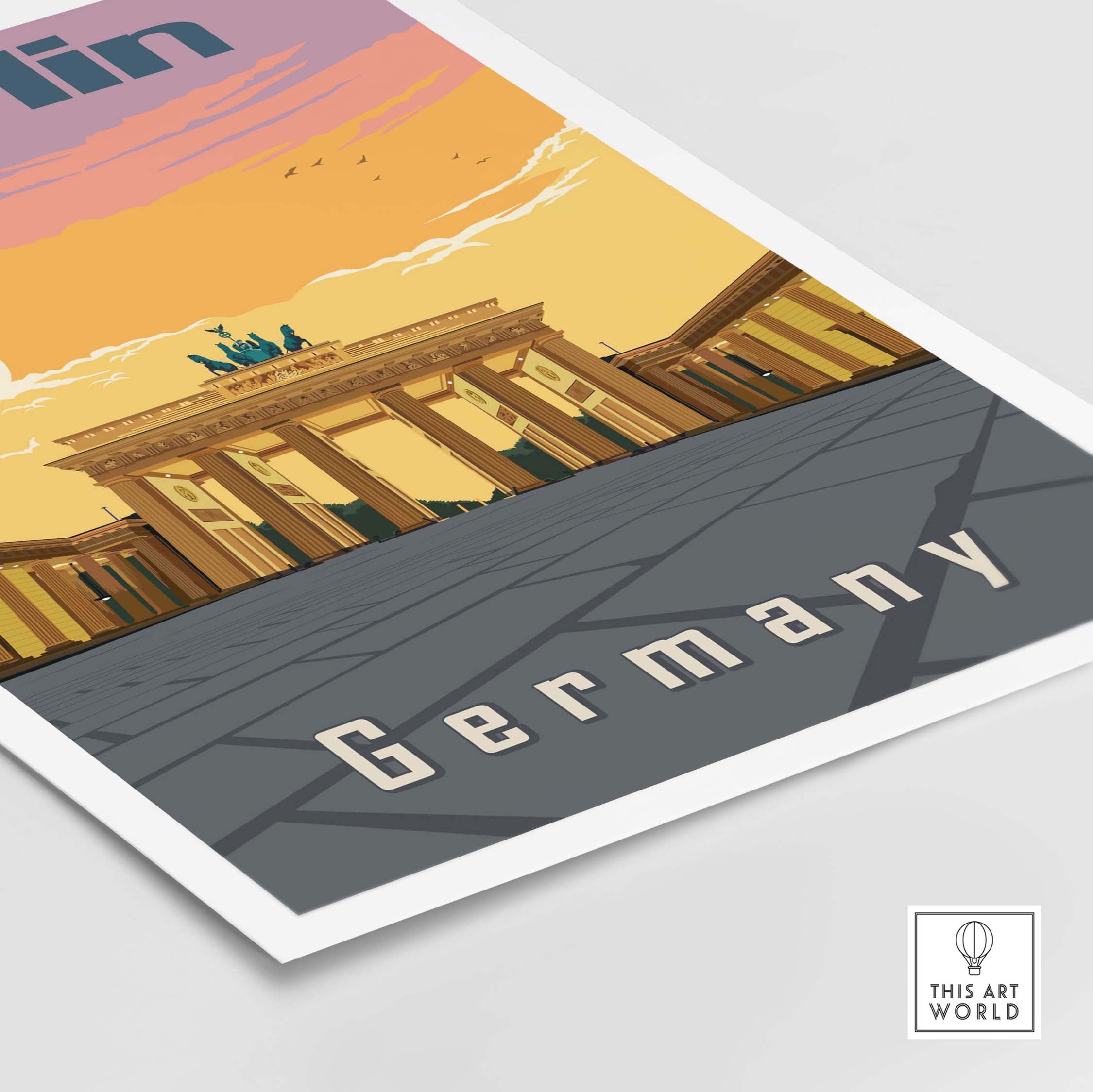 Berlin Poster featuring iconic Brandenburg Gate, showcasing vintage style German travel art.