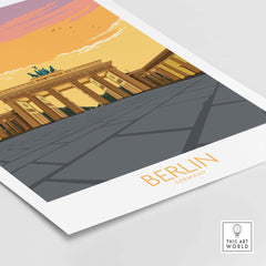 Berlin Print travel poster showcasing the iconic Brandenburg Gate with vibrant colors and vintage design.