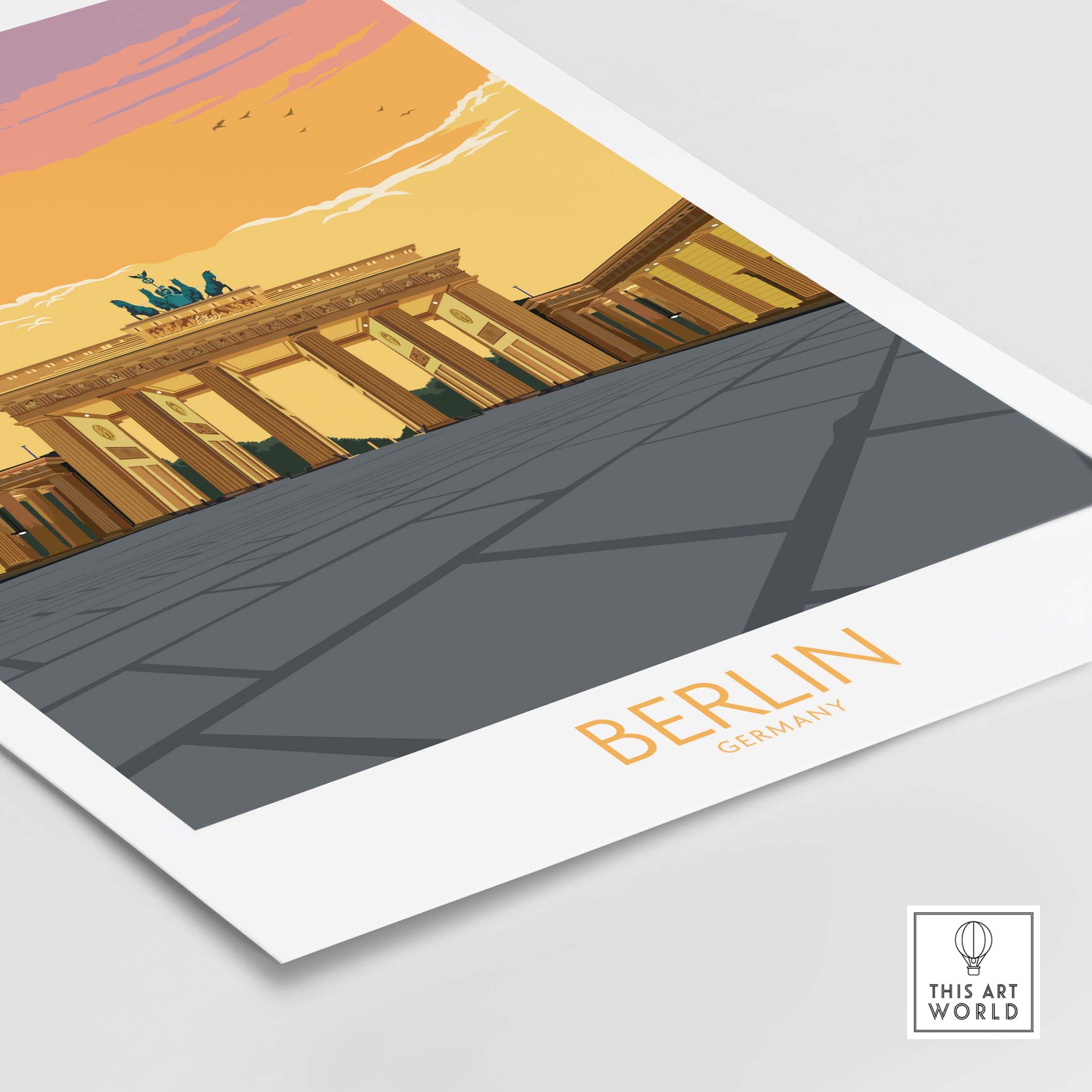 Berlin Print travel poster showcasing the iconic Brandenburg Gate with vibrant colors and vintage design.