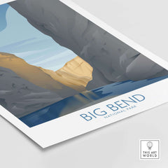 Minimalist Big Bend National Park art print featuring canyon landscape and serene water, perfect for home decor.