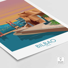 Bilbao poster print showcasing the iconic architecture and colorful landscape of Spain in a minimalist design.