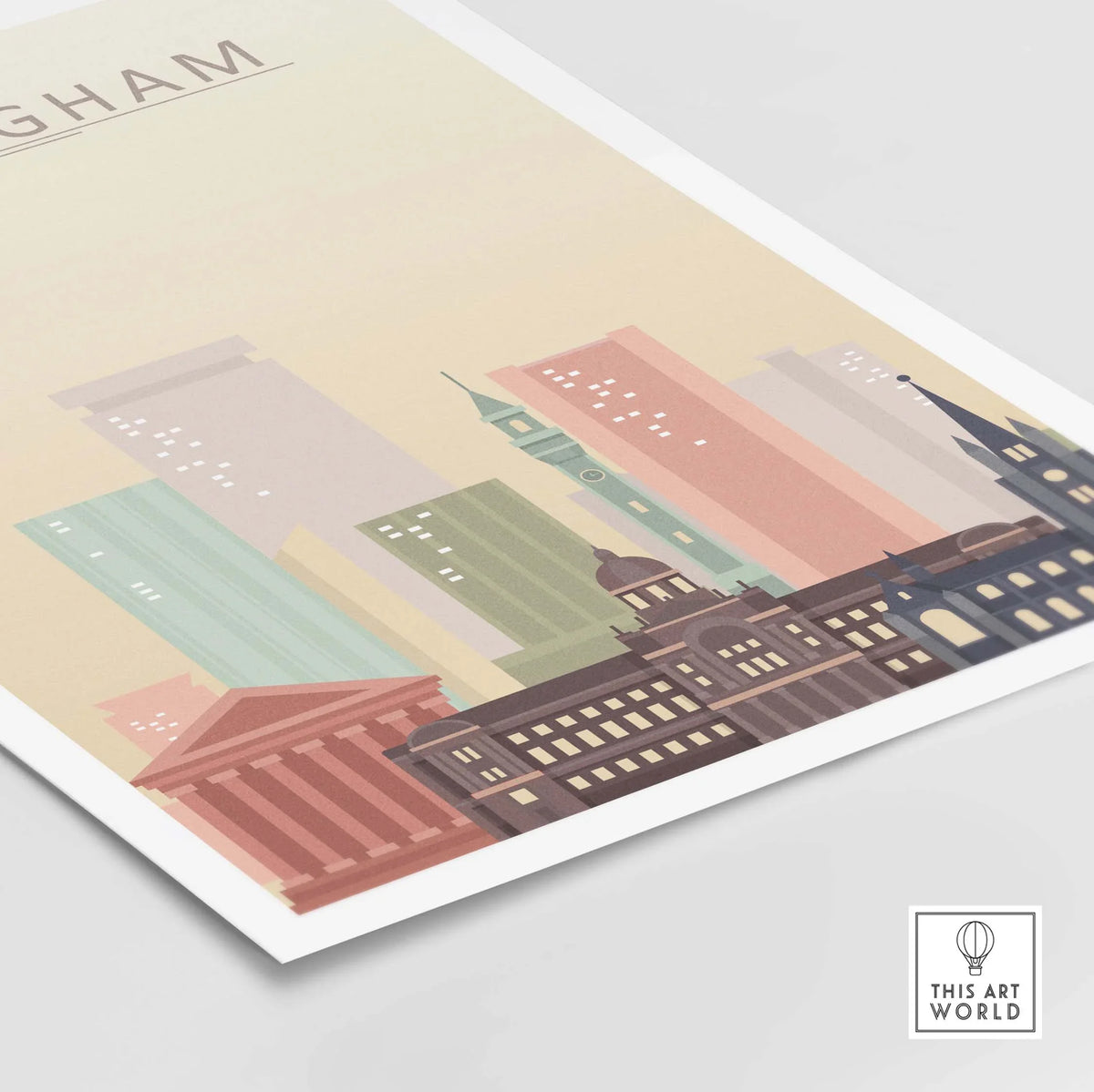Birmingham skyline print featuring iconic buildings in warm pastel tones, perfect for stylish wall art.