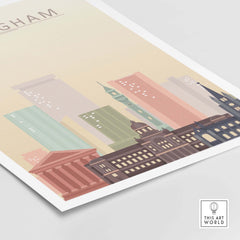 Birmingham skyline print featuring iconic buildings in warm pastel tones, perfect for stylish wall art.