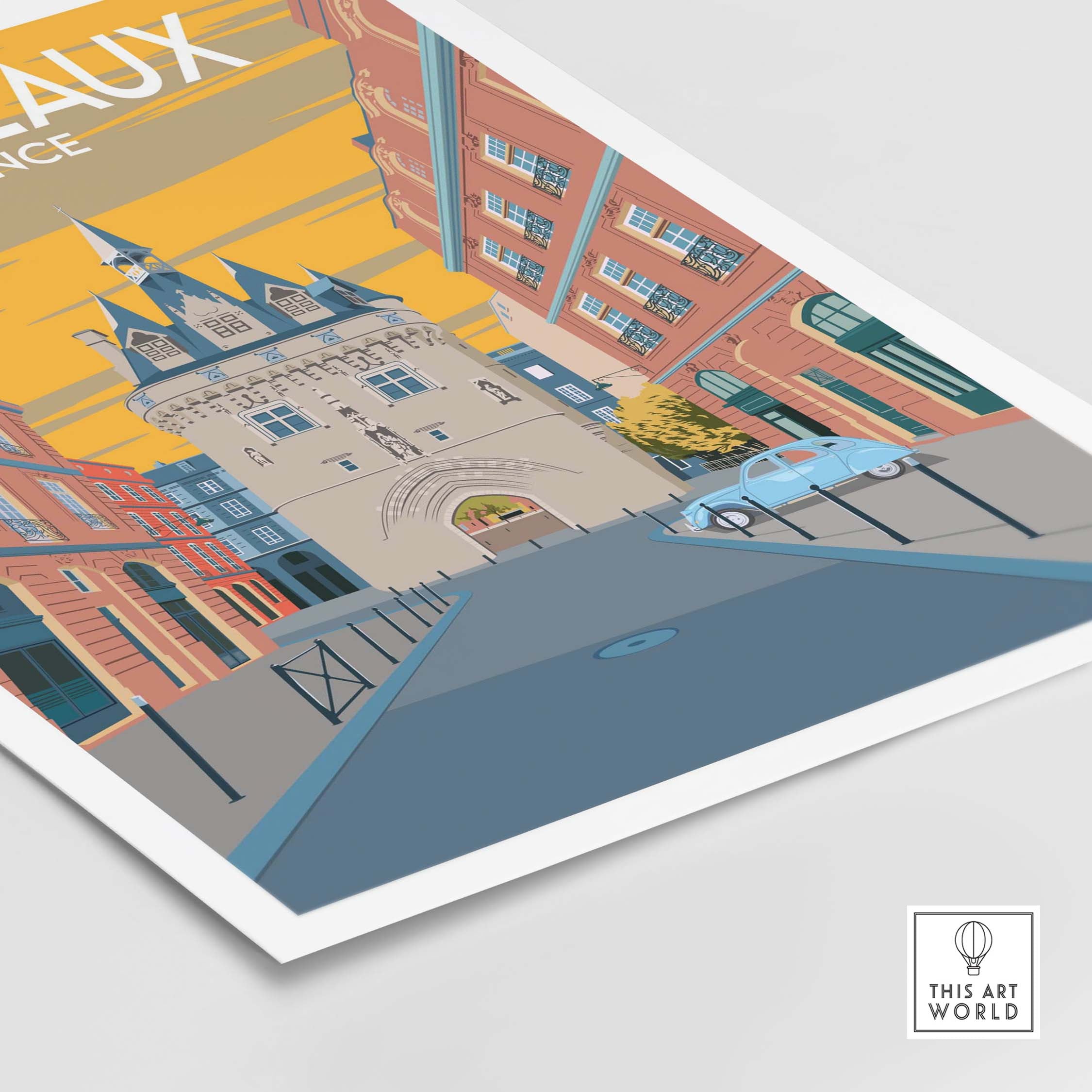 Bordeaux poster print featuring vintage-style illustration of French architecture and street scene.